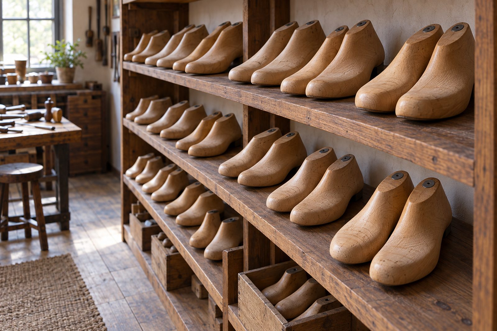 Regal mit hölzernen Schuhleisten in Paaren