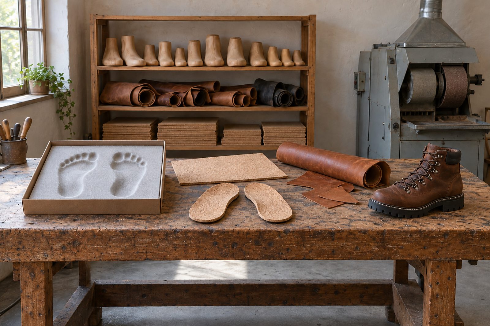 Werkbank einer orthopädischen Schuhwerkstatt mit Trittschaumkasten, Korkeinlagen, Leder und einem frisch besohlten Wanderschuh, dahinter ein Regal mit Holzleisten und eine Schleifmaschine