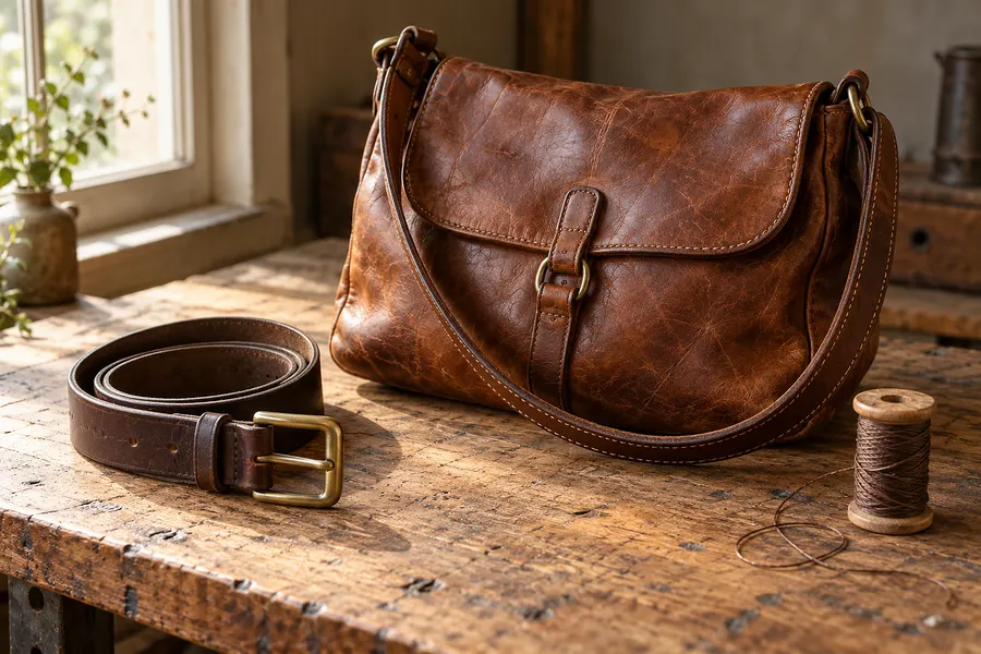 Cognacfarbene Ledertasche mit neu genähtem Henkel und ein dunkler Ledergürtel auf der Werkbank