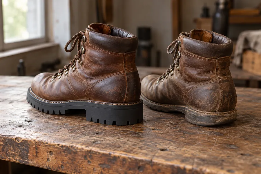 Zwei Wanderschuhe auf der Werkbank, einer mit neuer Profilsohle, einer mit abgelaufener Sohle